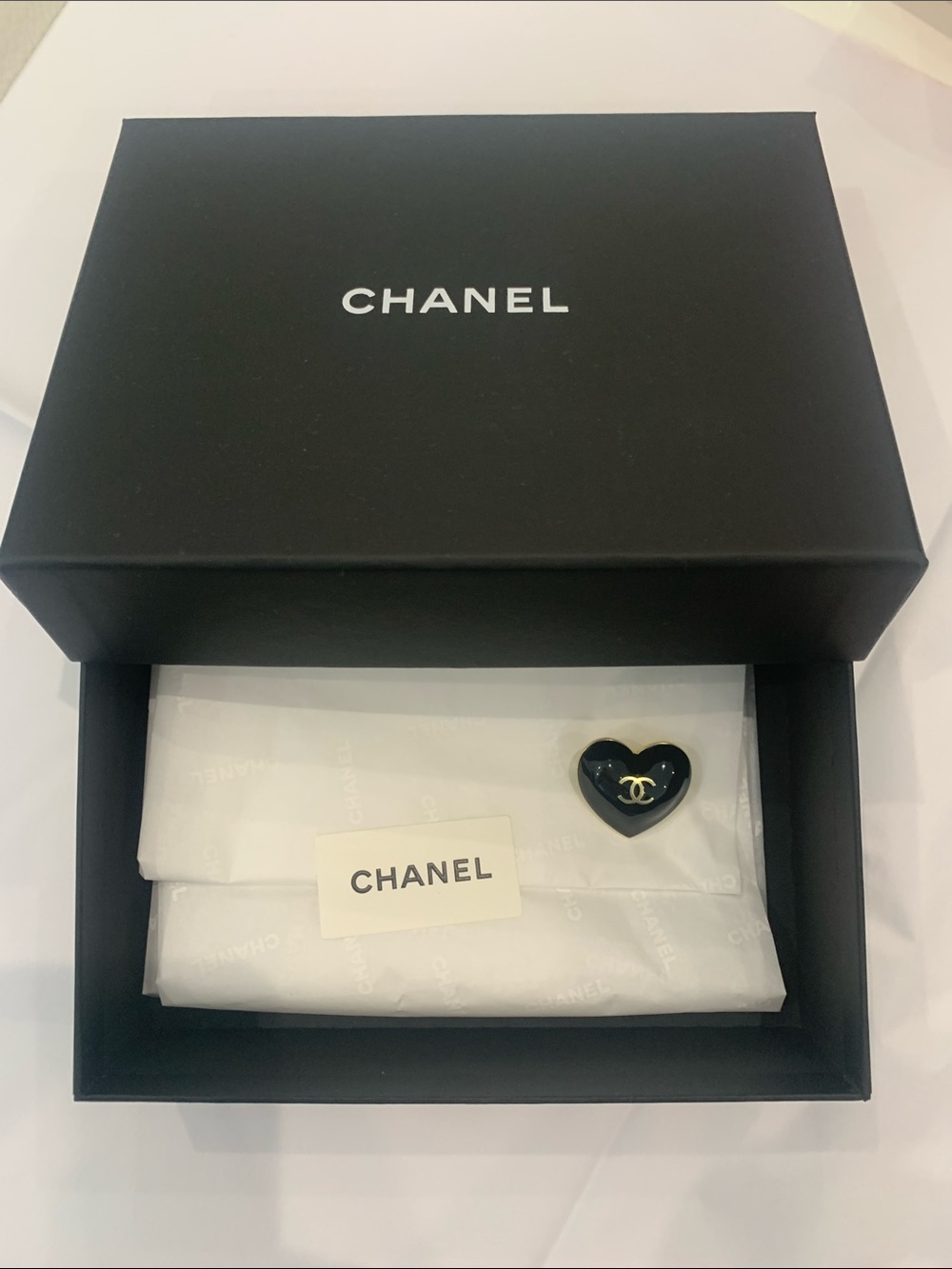 CHANEL Black Heart Brooch with Gold CC